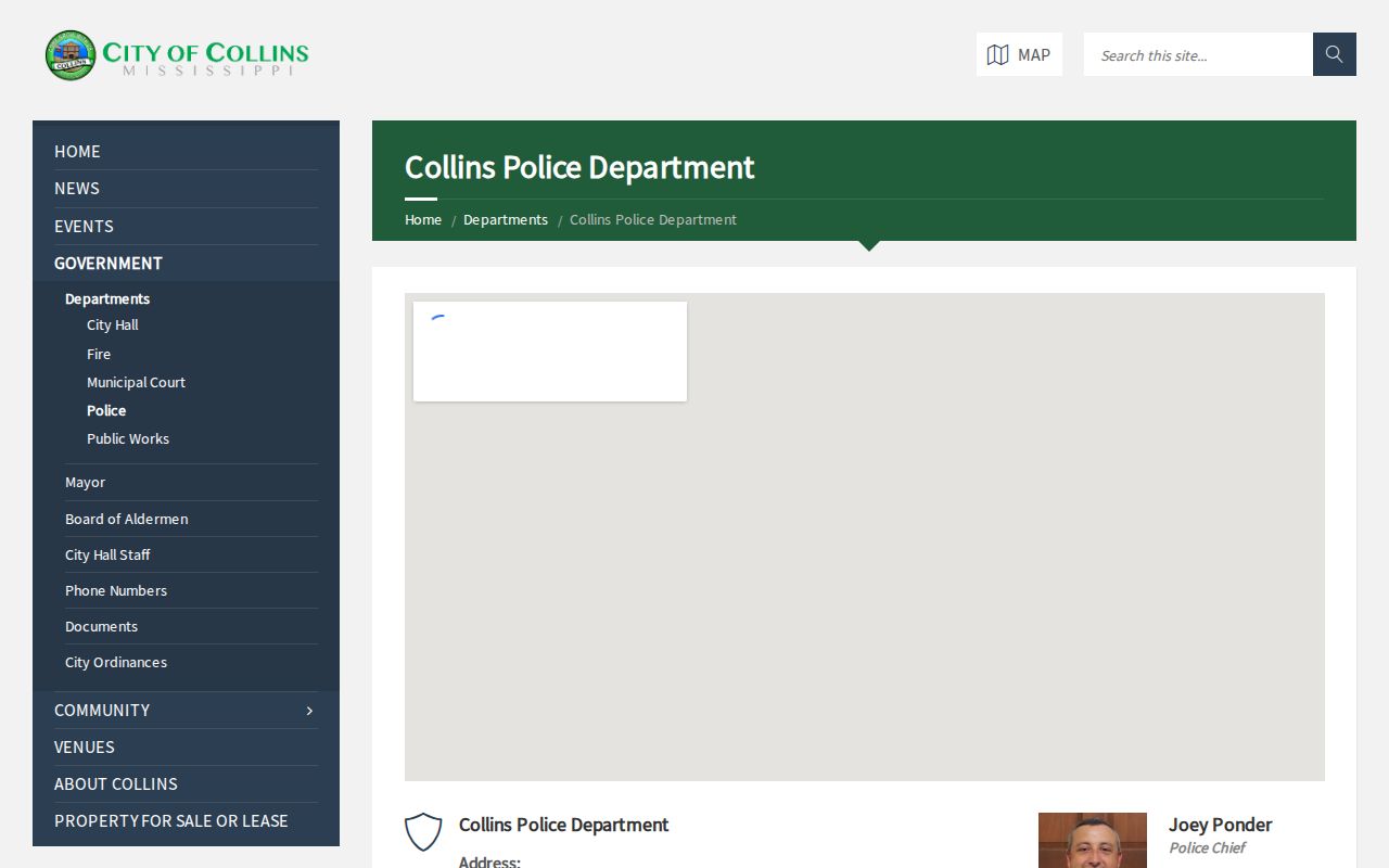 Collins Police Department official arrest record contact page