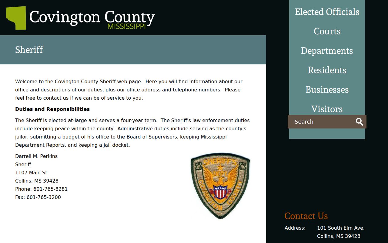 Covington County Sheriff's Office jail-docket and booking-record contact page